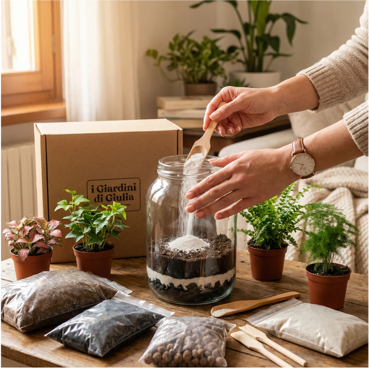 Creare un Terrarium Fai da Te - donna che assembla il kit con piantine