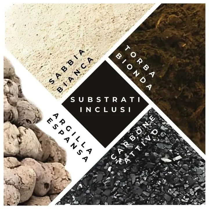 Substrati per terrarium inclusi nel kit: sabbia bianca decorativa, torba bionda, argilla espansa e carbone attivo, ideali per piante grasse e composizioni fai da te.
