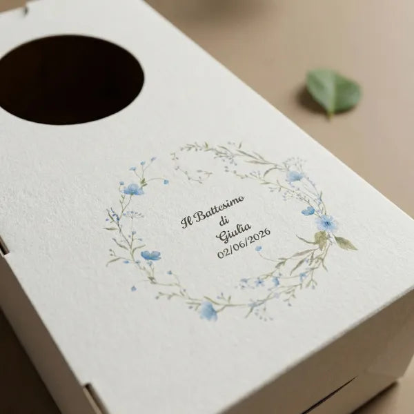 Bomboniere eventi lieti - esempio di confezione con pianta e tag personalizzato