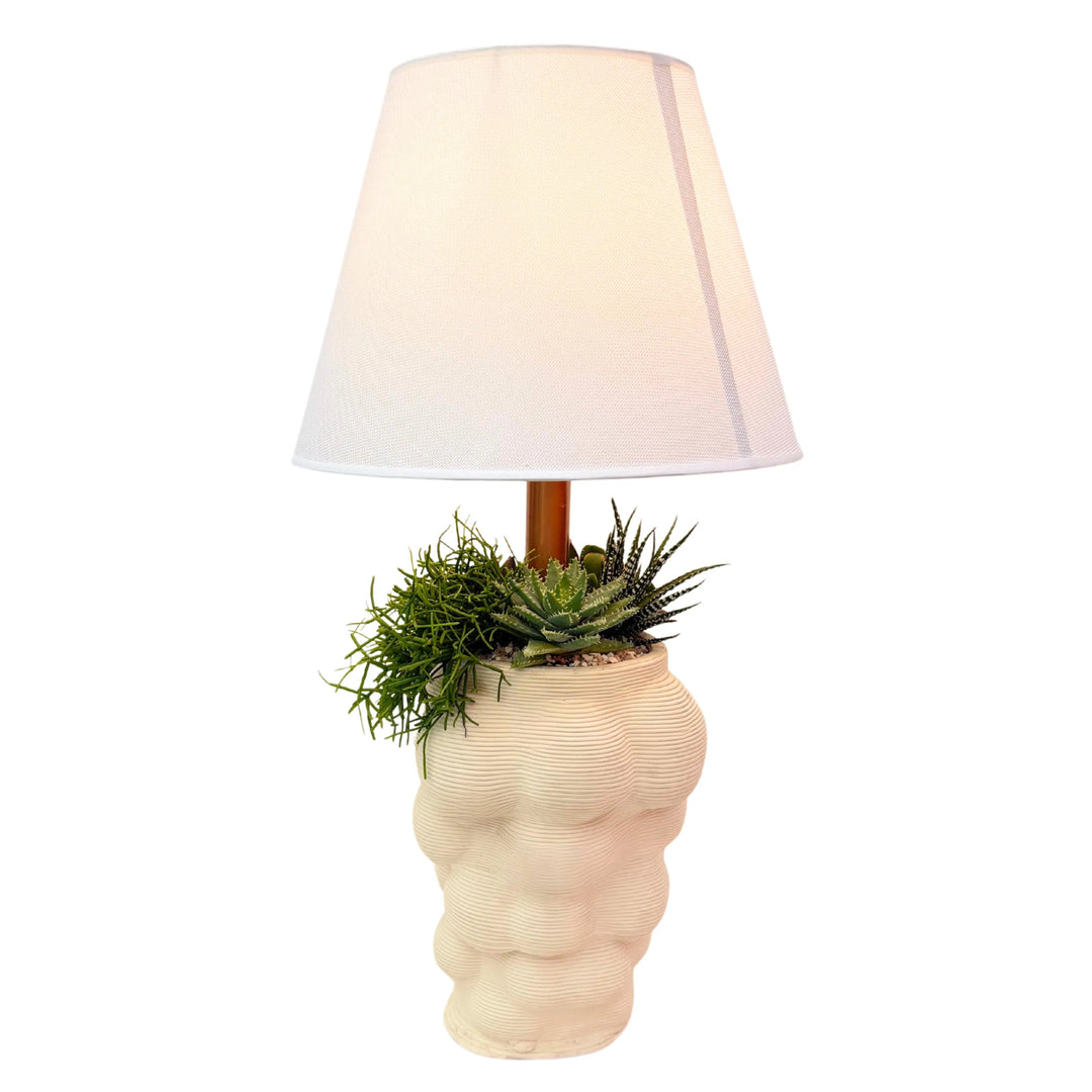 Lume con vaso in argilla bianca con piante grasse e paralume bianco 