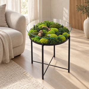 Tavolino Nativa in ferro nero e vetro con giardino stabilizzato in un salotto minimal