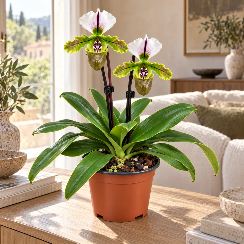 Orchidea scarpetta di Venere Paphiopedilum con 2 steli fioriti su un mobile del soggiorno vicino alla finestra