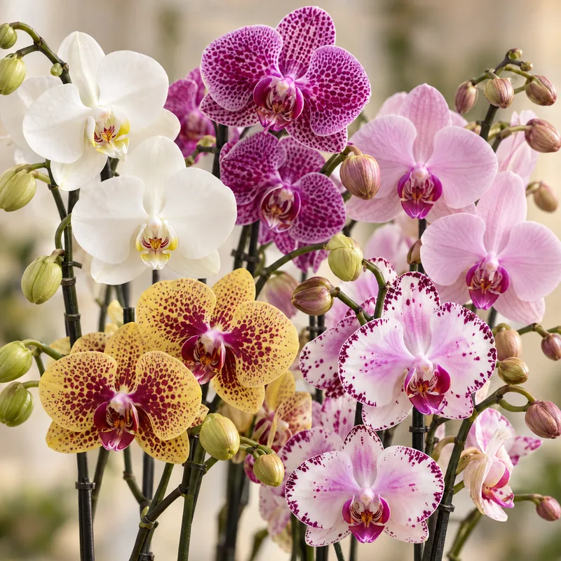 Fiori di orchidea Phalaenopsis bianchi, rosa, fucsia e gialli screziati visti da vicino