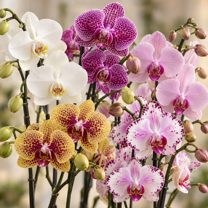 Fiori di orchidea Phalaenopsis bianchi, rosa, fucsia e gialli screziati visti da vicino