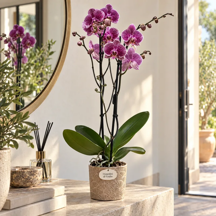 Orchidea Phalaenopsis fucsia su un mobile vicino a una finestra