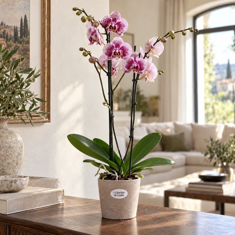 Orchidea Phalaenopsis rosa screziata in un soggiorno luminoso