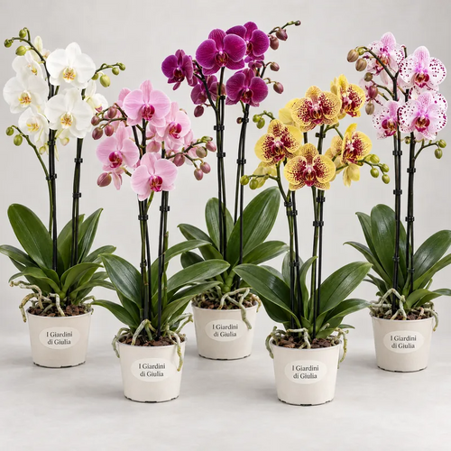 Orchidee Phalaenopsis in colori misti bianco, rosa, fucsia e giallo in vasi bianchi