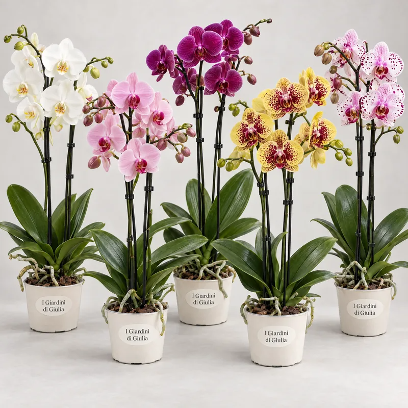Orchidee Phalaenopsis in colori misti bianco, rosa, fucsia e giallo in vasi bianchi
