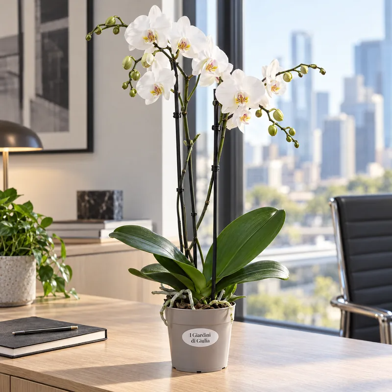 Orchidea Phalaenopsis bianca su una scrivania con vista sulla città
