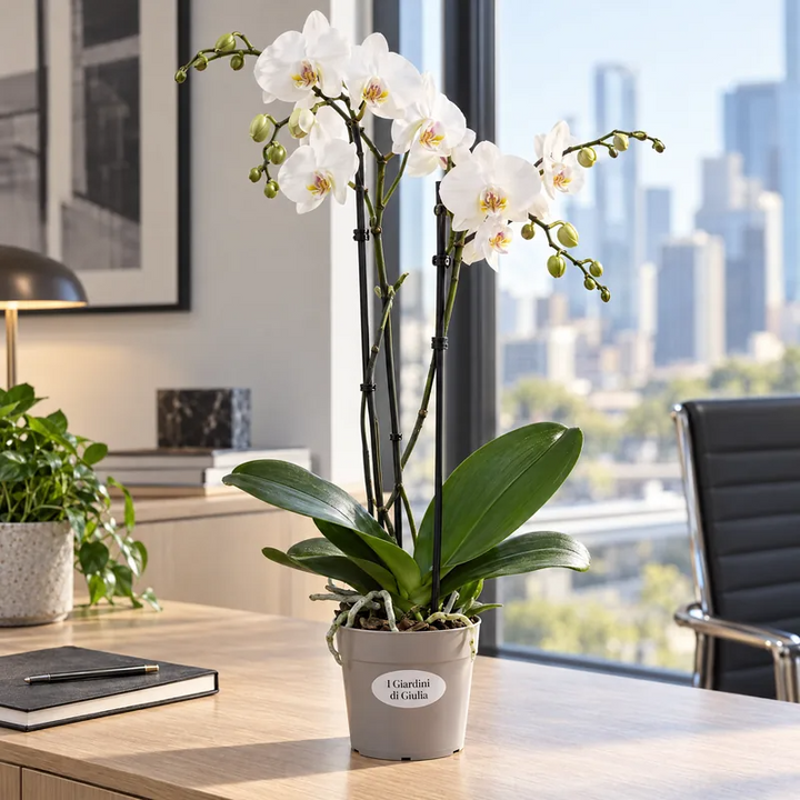 Orchidea Phalaenopsis bianca su una scrivania con vista sulla città