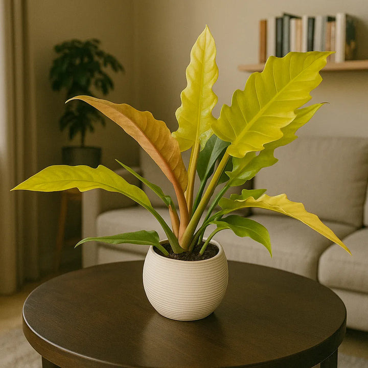 Philodendron Ring of Fire - pianta ornamentale in vaso decorativo su tavolino