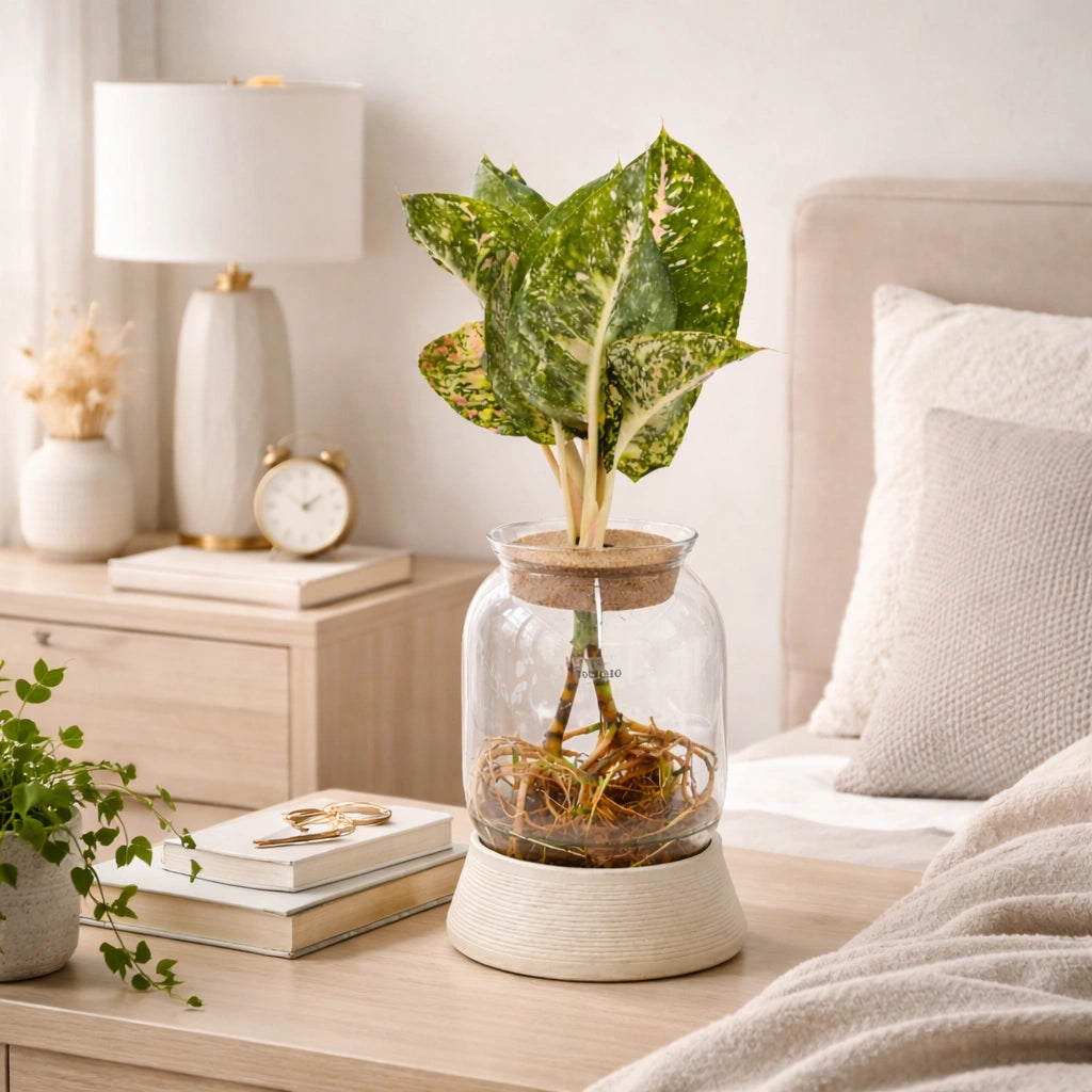 Vaso e sistema di idrocoltura con indicatore di livello e luce LED accesa