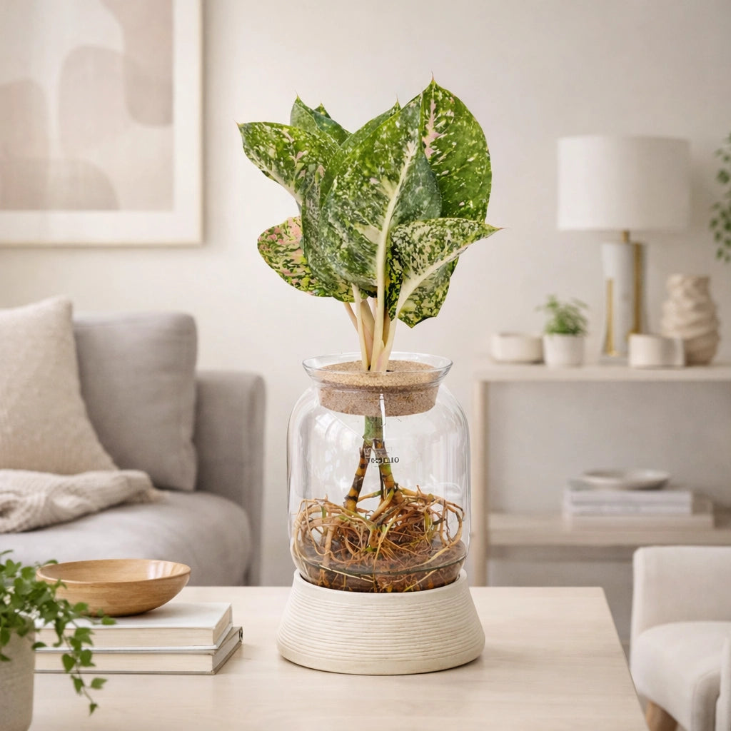 Piante verdi mix in idrocoltura in ambiente domestico moderno con luce LED
