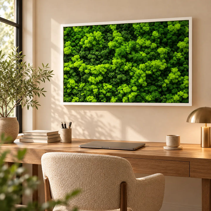 Quadro di lichene stabilizzato 103x73 cm con cornice bianca sulla parete di una zona pranzo luminosa