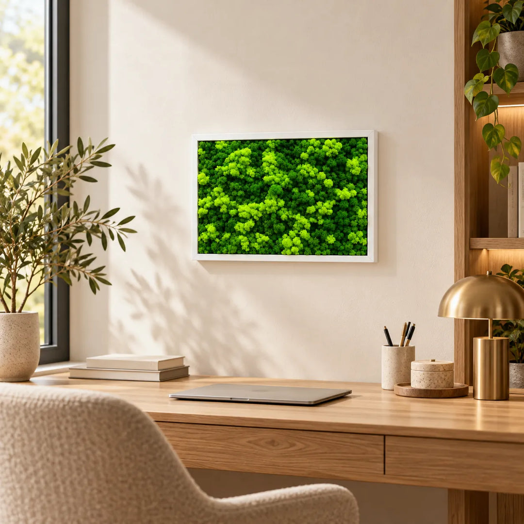 Quadro di licheni stabilizzati con cornice bianca appeso sopra una scrivania in legno nello studio di casa, adatto a stanze con poca luce