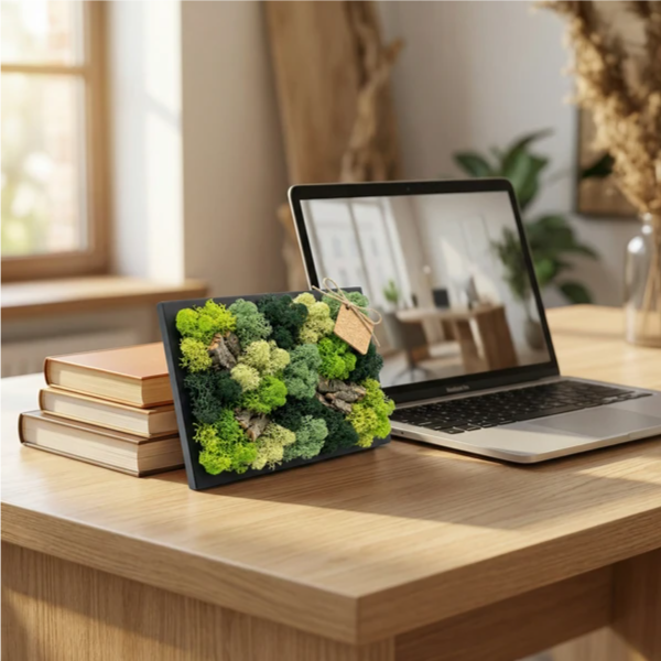 Quadro mini di muschio stabilizzato 21x27 cm con cornice nera appoggiato su una scrivania in legno accanto al computer