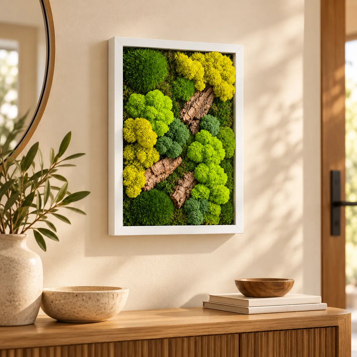 Quadro di muschio stabilizzato 33x24 cm con cornice bianca appeso sopra la consolle dell'ingresso