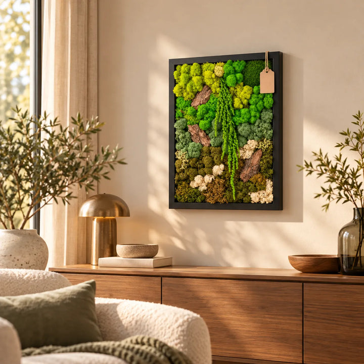 Quadro in verde stabilizzato EcoMosaico 43x53 cm con cornice nera sopra la credenza in legno del soggiorno