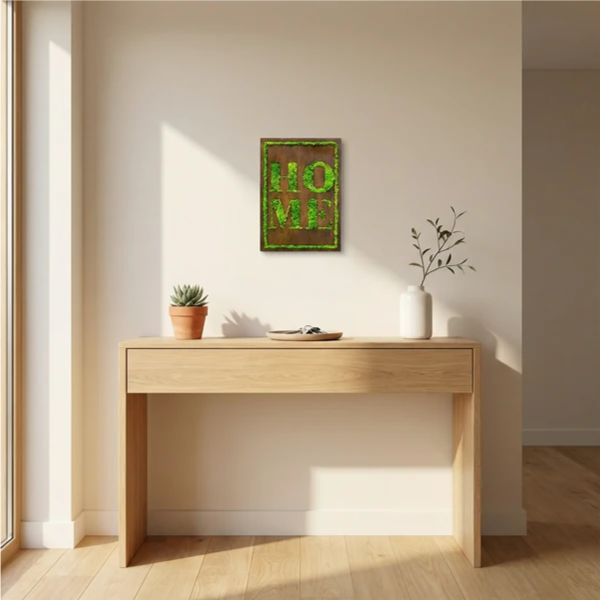 Quadro in muschio stabilizzato con scritta HOME 50x35 cm appeso sopra la consolle in legno dell'ingresso