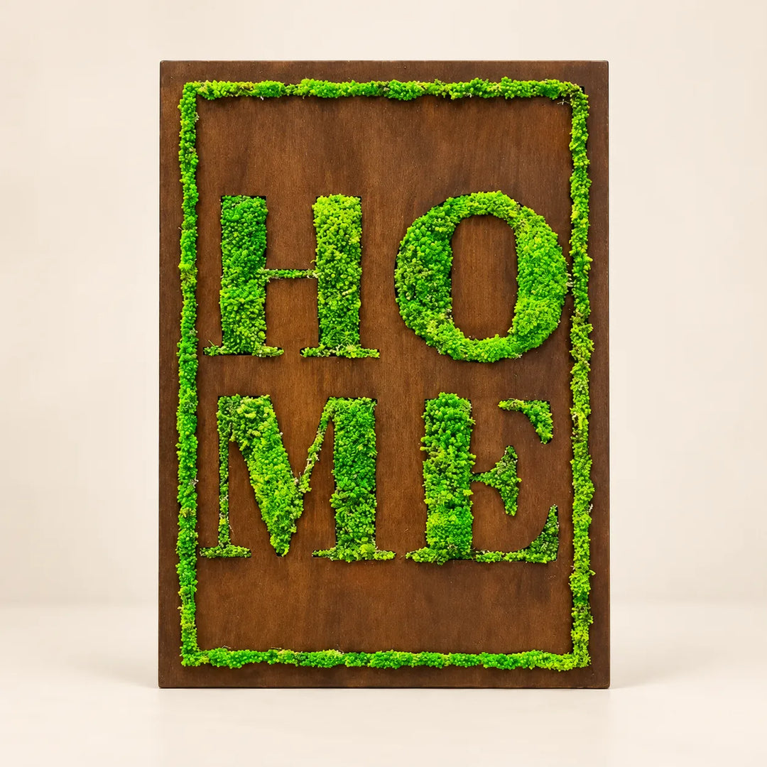 Quadro in muschio stabilizzato con scritta HOME e cornice in muschio su pannello di legno scuro, 50x35 cm