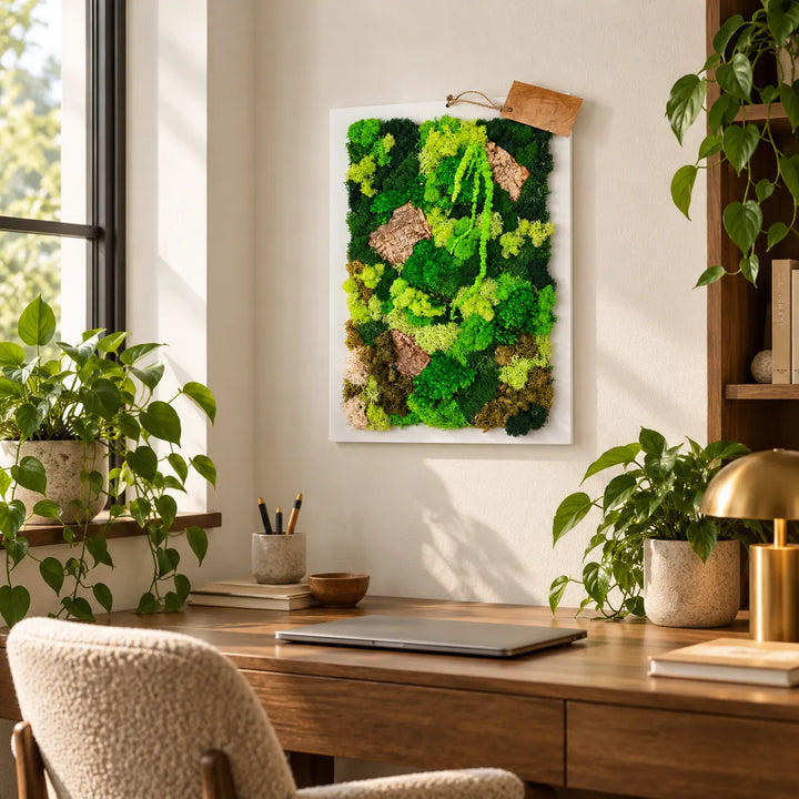 Quadro in verde stabilizzato 45x33 cm con muschio e licheni in un ambiente luminoso con piante, decorazione da parete naturale