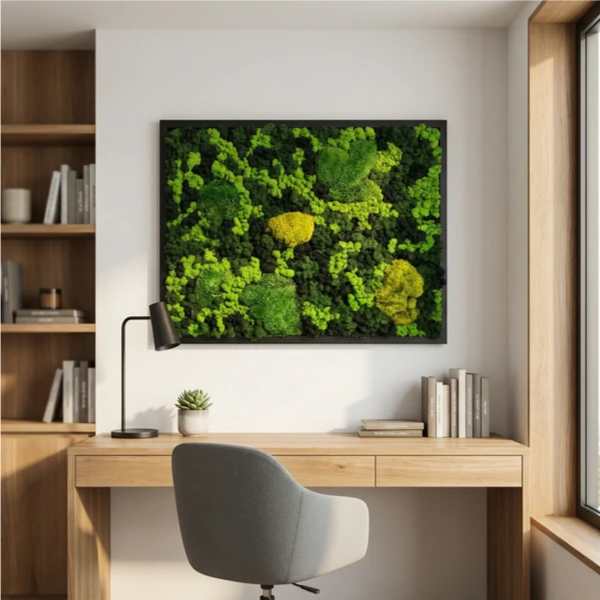 Quadro in muschio stabilizzato Vista Bosco 83x63 cm appeso sopra la scrivania in uno studio