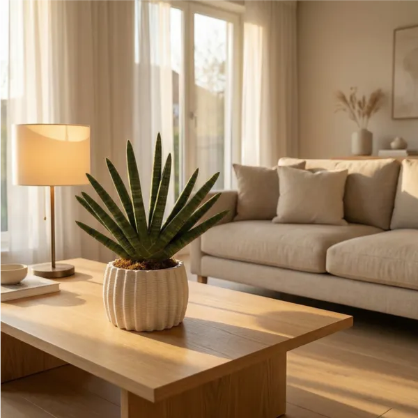 Sansevieria Cylindrica Swasdii in vaso di ceramica artigianale in soggiorno moderno