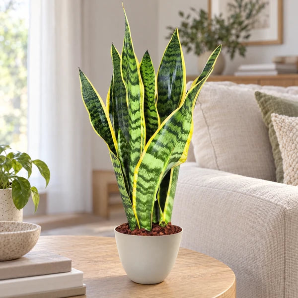 Sansevieria Laurentii con foglie verdi bordate di giallo e coprivaso avorio, ambientata in soggiorno.