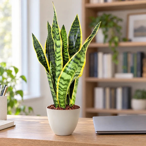 Sansevieria Laurentii con foglie verdi bordate di giallo e coprivaso avorio, ambientata in studio.