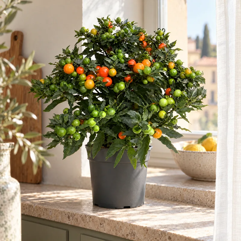 Solanum pseudocapsicum in vaso da 17 cm su un tavolo della cucina, alto circa 40 cm