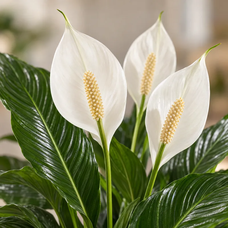 Dettaglio dei fiori dello Spathiphyllum Vivaldi: spate bianche con spadice giallo crema tra le foglie verde lucido