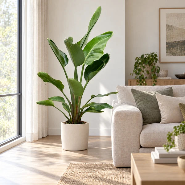 Strelitzia nicolai H. 170 cm in soggiorno, con coprivaso decorativo avorio di ambientazione non incluso.