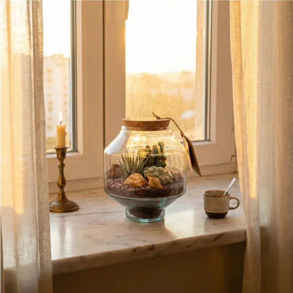Terrarium cactus e haworthia su davanzale marmo con candeliere ottone e tazzina al tramonto dorato
