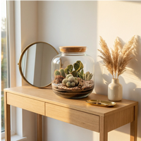 Terrarium Irene vetro sughero piante grasse su console rovere chiaro ingresso. Specchio ottone pampas vassoio chiavi. Golden hour accogliente.