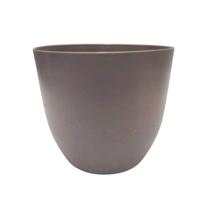 Vaso tondo color tortora in plastica, stile neutro e moderno ideale per completare arredi con toni caldi